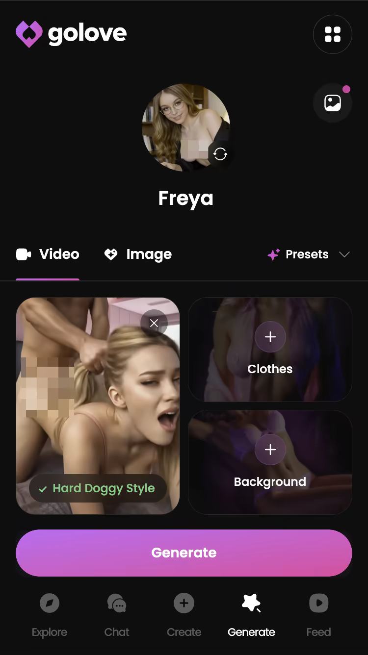 GoLove generate screen creating a spicy video with pose and outfit presets